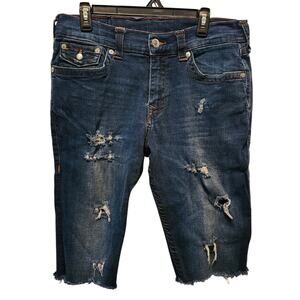 Mens True Religion Distressed Denim Blue Jean Shorts Sz 34 Summer Surfer Grunge